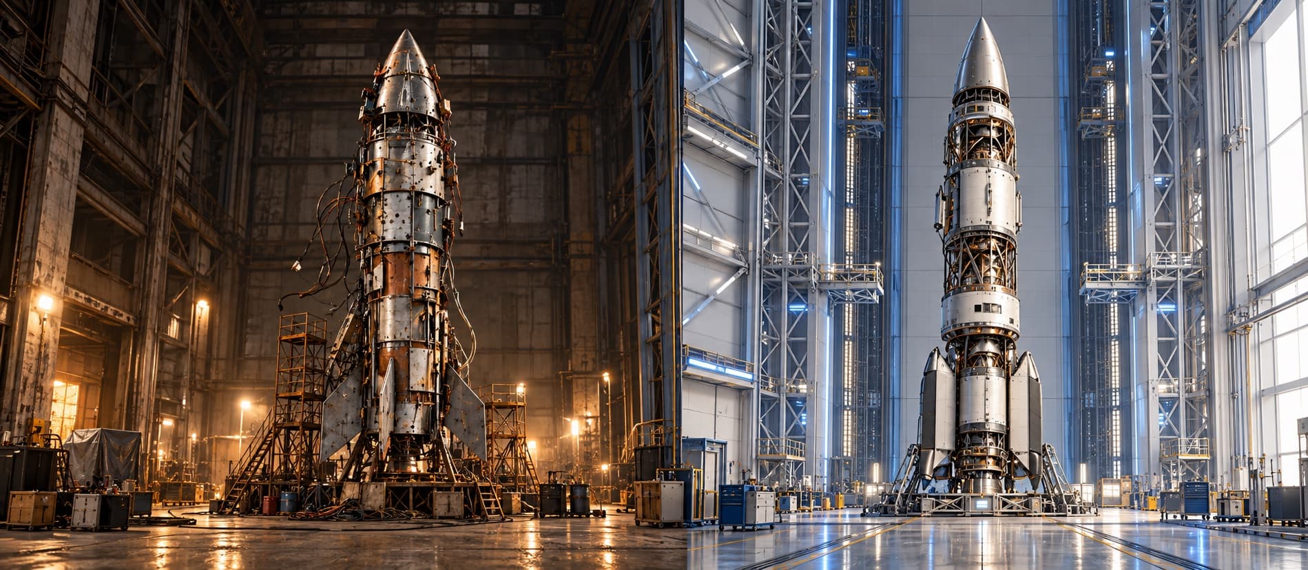 Two rockets side by side: on the left, a rusted, patched-together rocket in a dim workshop; on the right, a clean, precisely engineered rocket in a bright assembly hall.