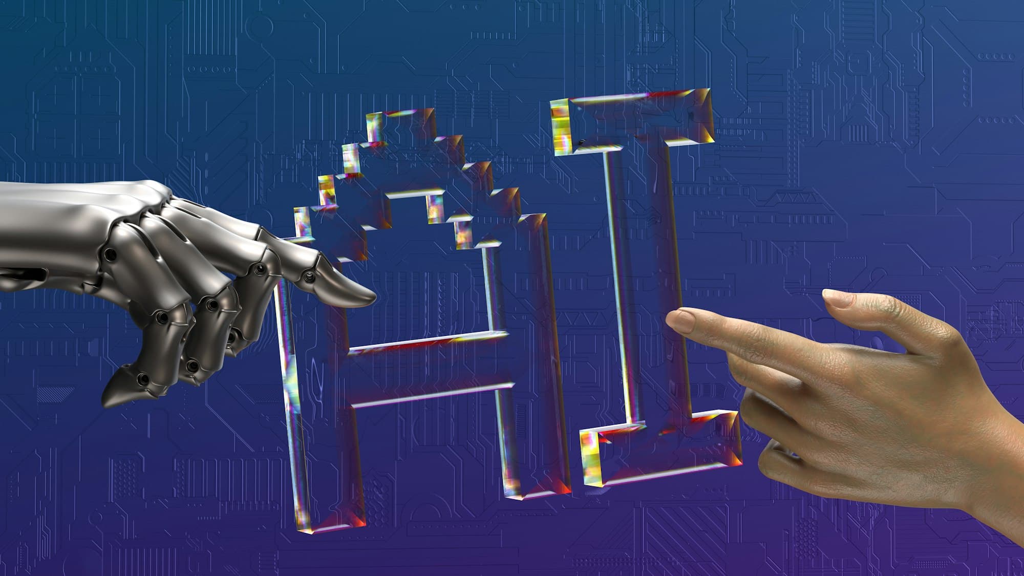 A robot hand and a human hand reaching toward the letters AI