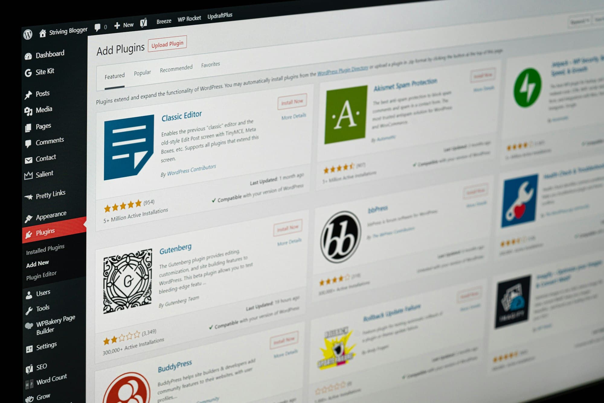 A computer screen showing a website platform's plugin page