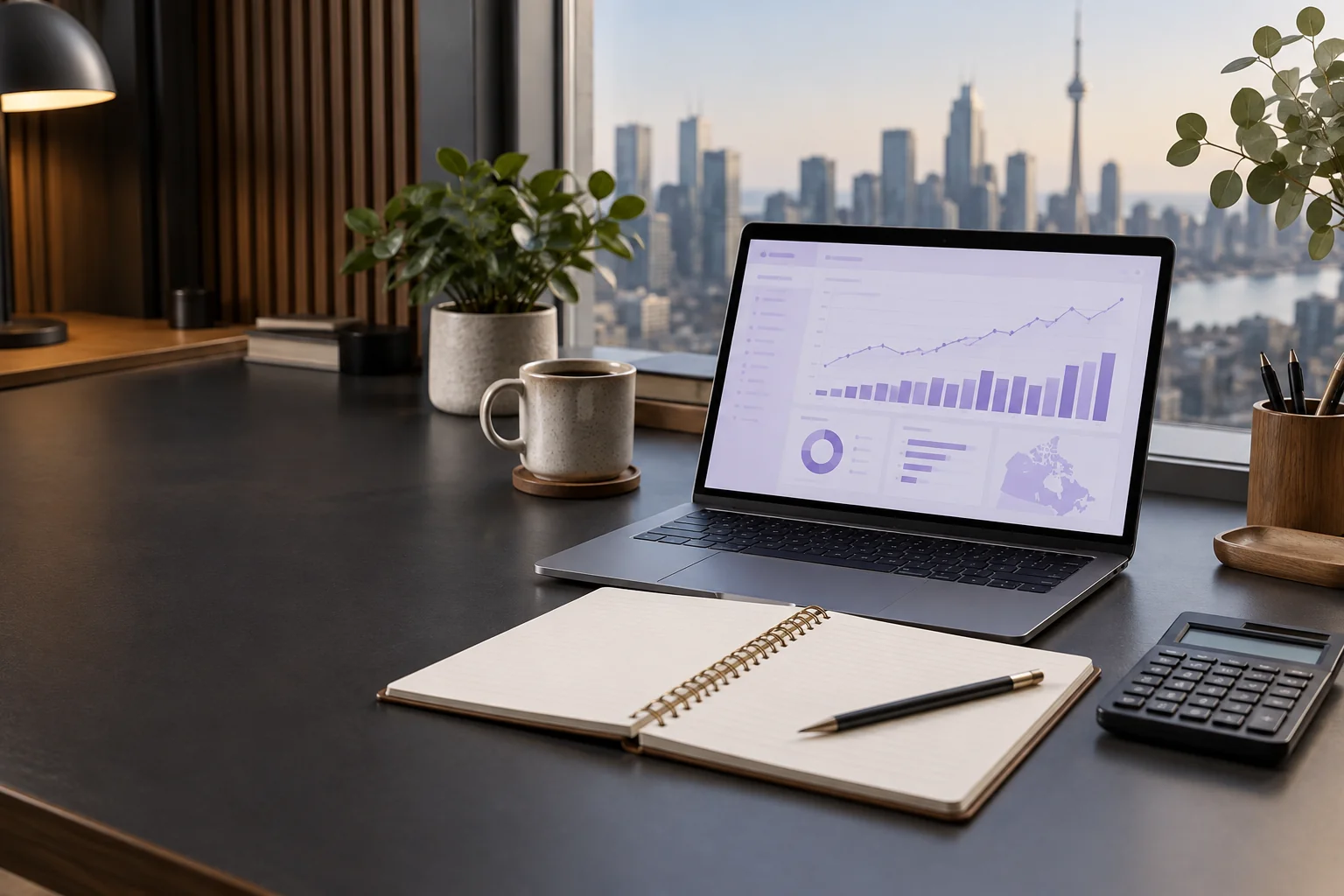 Laptop with an illustrative analytics dashboard beside a budgeting notebook and calculator